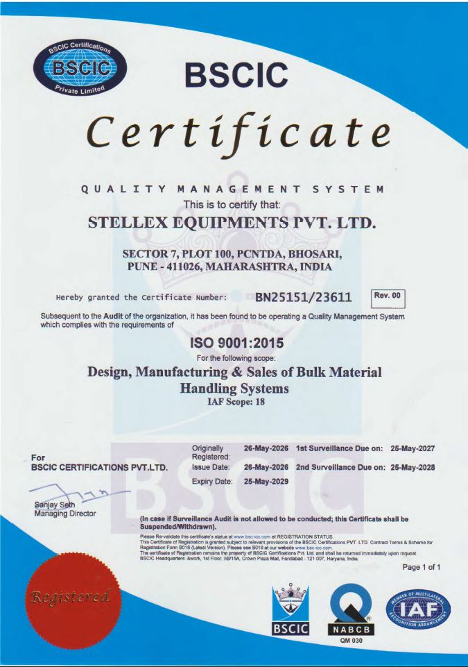 ISO 9001:2015 certification awarded to Stellex Equipments — bulk material handling equipment manufacturer